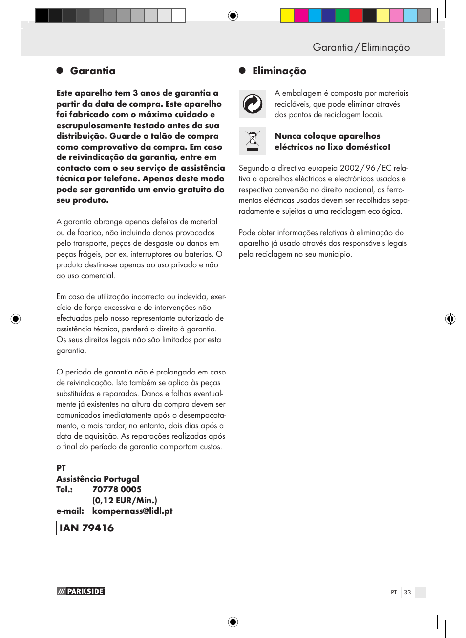 Garantia / eliminação | Parkside PTS 480 A1 User Manual | Page 33 / 55