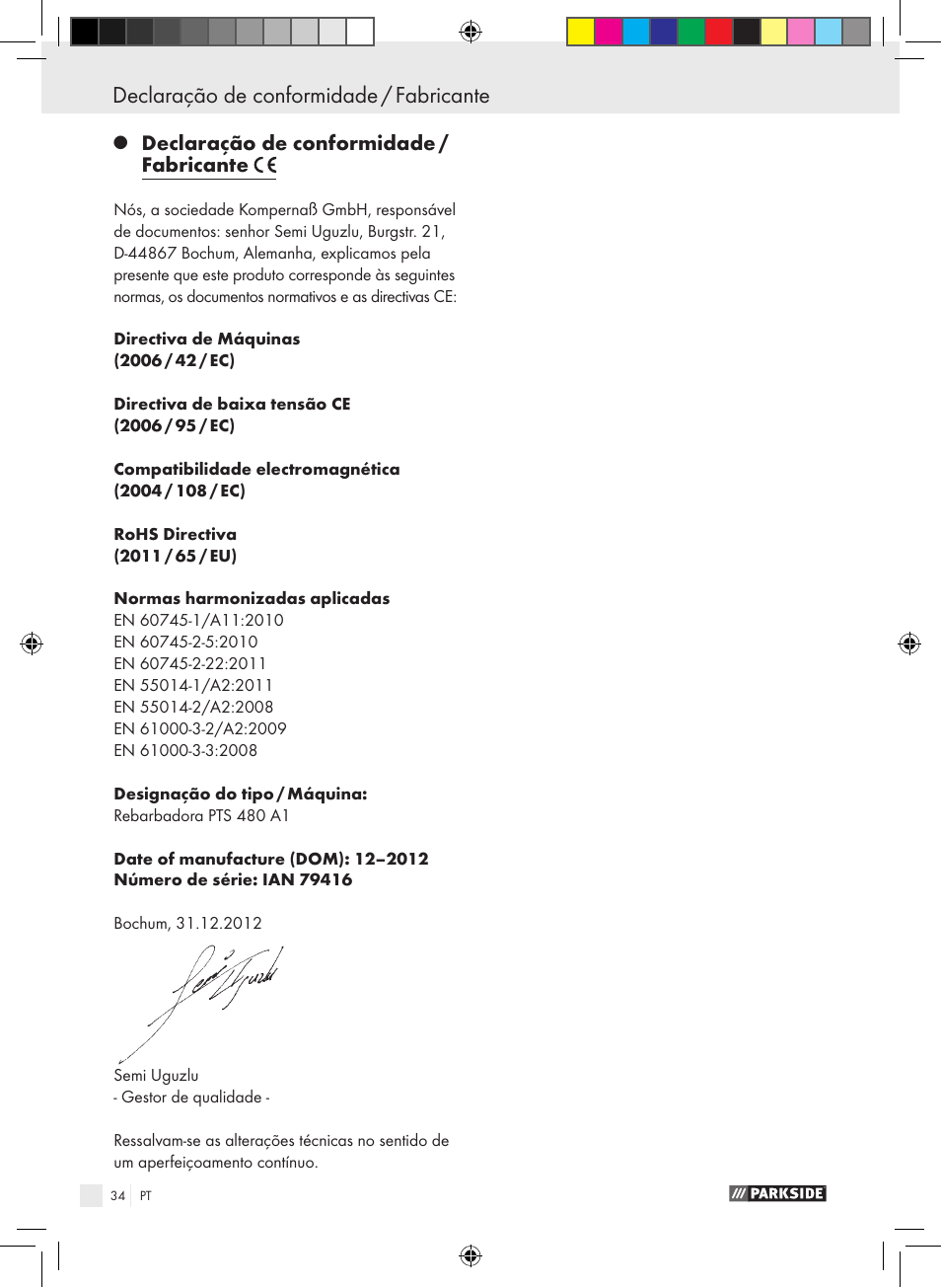 Declaração de conformidade / fabricante | Parkside PTS 480 A1 User Manual | Page 34 / 55