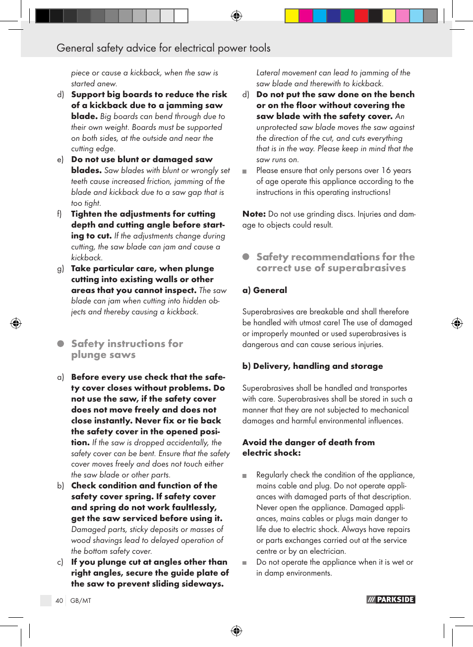 General safety advice for electrical power tools | Parkside PTS 480 A1 User Manual | Page 40 / 55