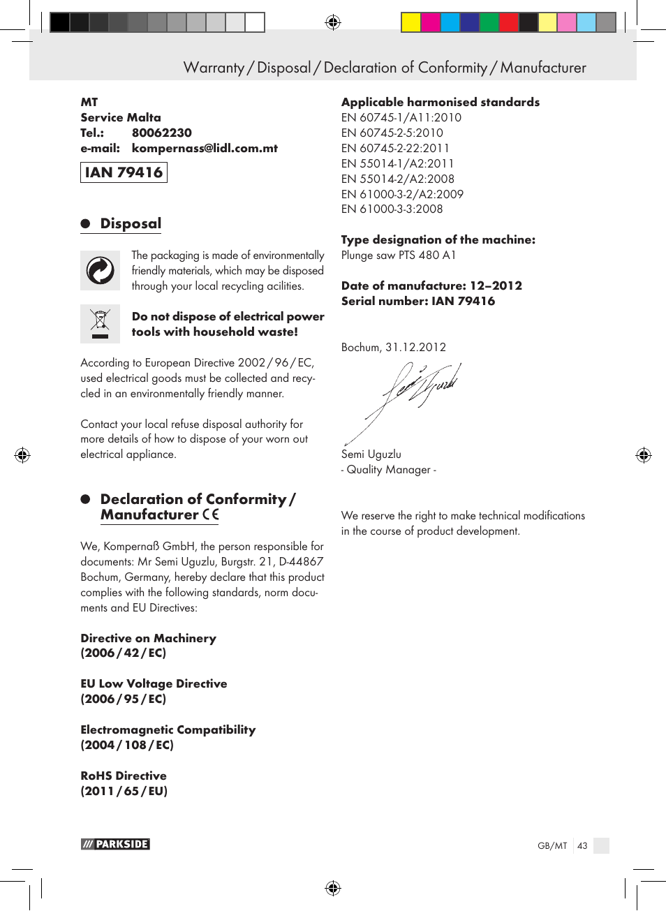 Parkside PTS 480 A1 User Manual | Page 43 / 55