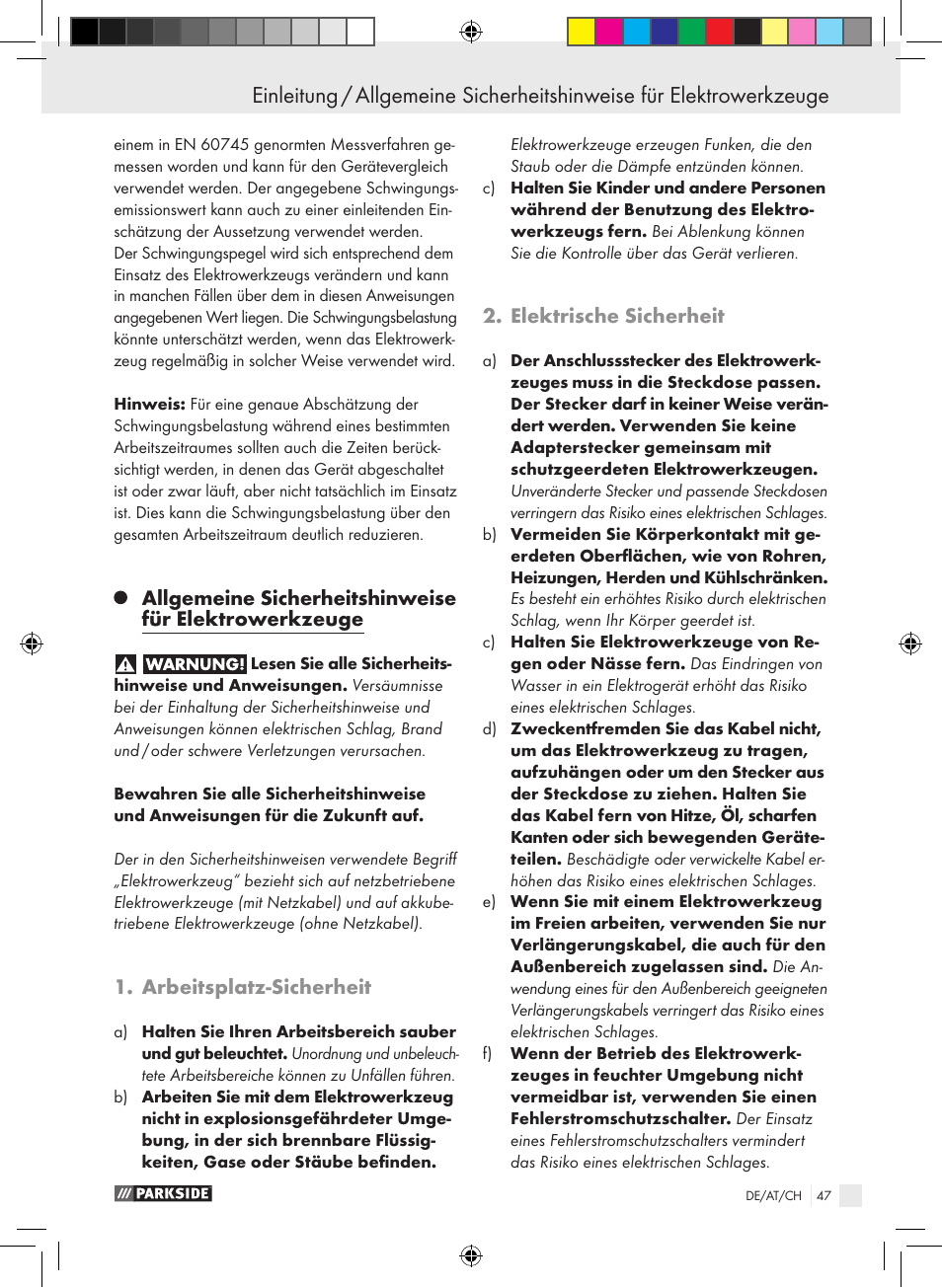 Arbeitsplatz-sicherheit, Elektrische sicherheit | Parkside PTS 480 A1 User Manual | Page 47 / 55