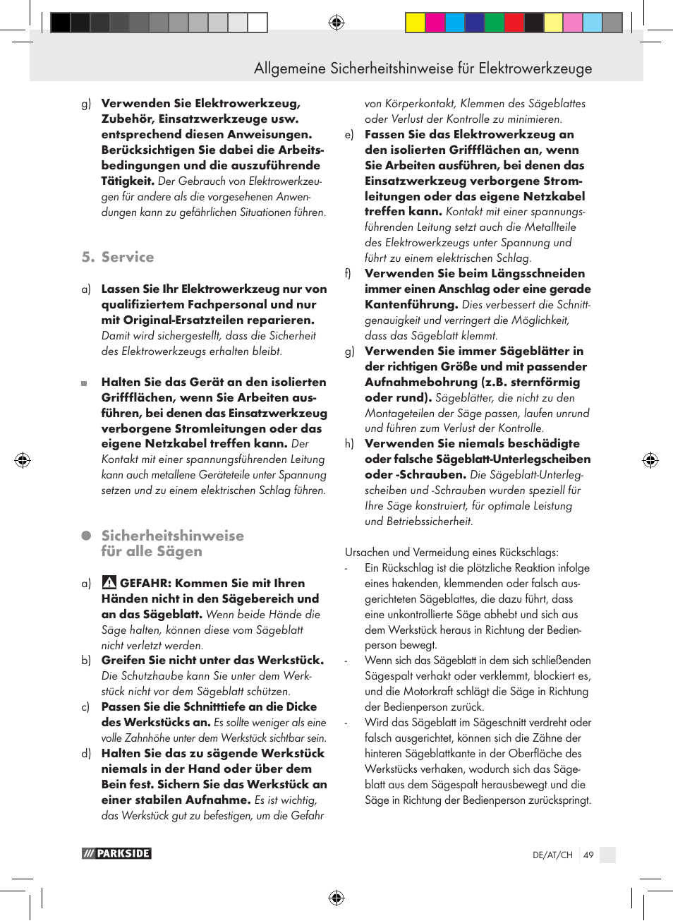 Service, Sicherheitshinweise für alle sägen | Parkside PTS 480 A1 User Manual | Page 49 / 55