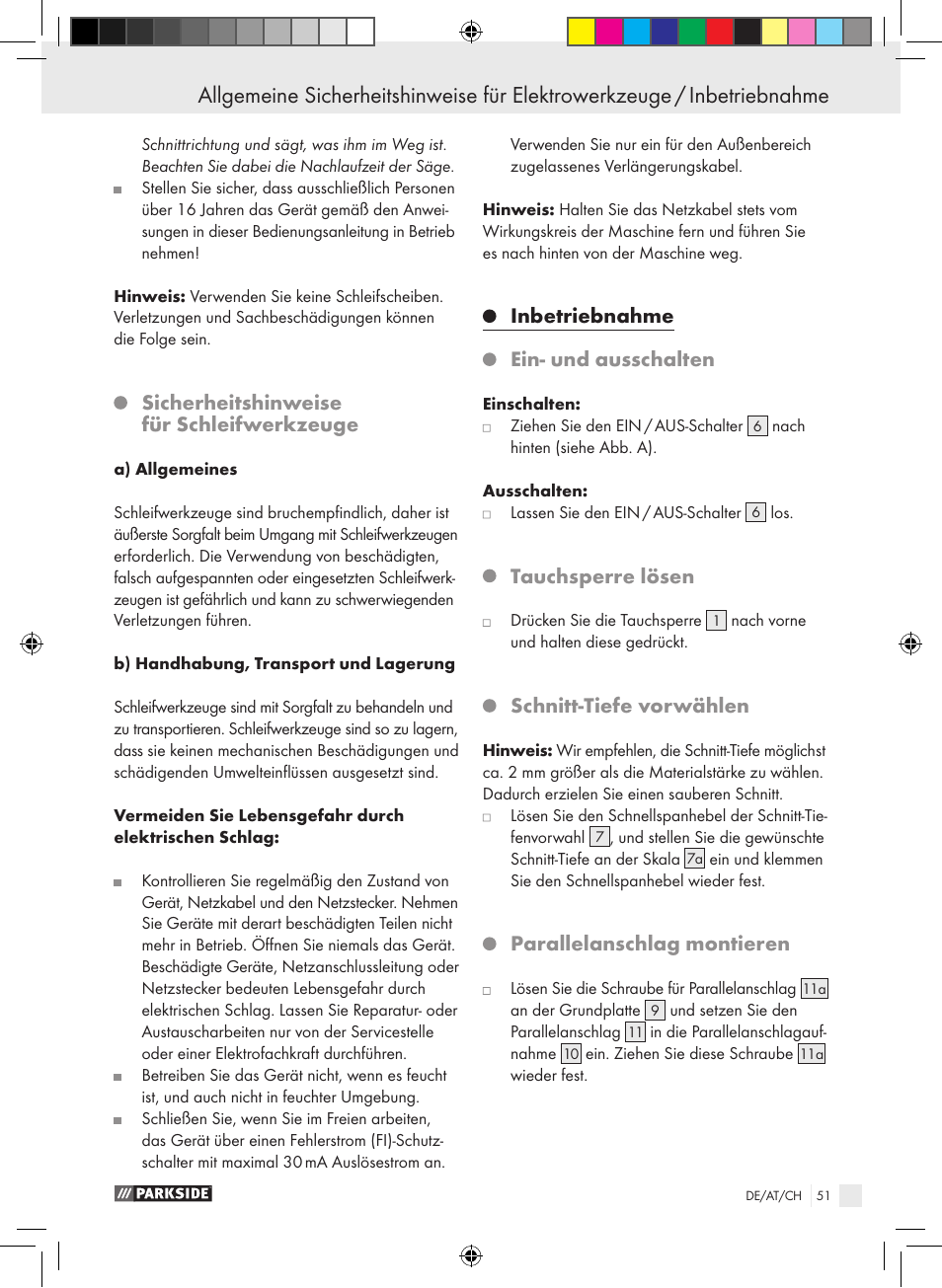 Sicherheitshinweise für schleifwerkzeuge, Inbetriebnahme, Ein- und ausschalten | Tauchsperre lösen, Schnitt-tiefe vorwählen, Parallelanschlag montieren | Parkside PTS 480 A1 User Manual | Page 51 / 55