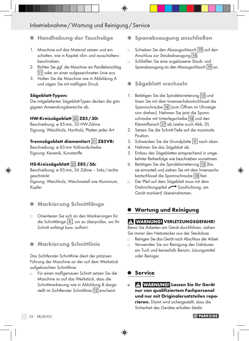 Inbetriebnahme / wartung und reinigung / service, Handhabung der tauchsäge, Markierung schnittlänge | Markierung schnittlinie, Spanabsaugung anschließen, Sägeblatt wechseln, Wartung und reinigung, Service | Parkside PTS 480 A1 User Manual | Page 52 / 55