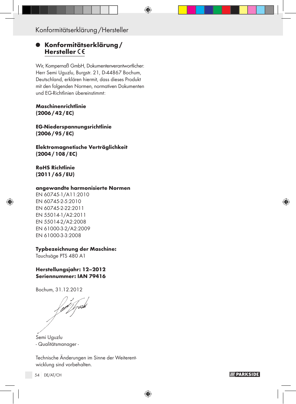 Konformitätserklärung /hersteller, Konformitätserklärung / hersteller | Parkside PTS 480 A1 User Manual | Page 54 / 55