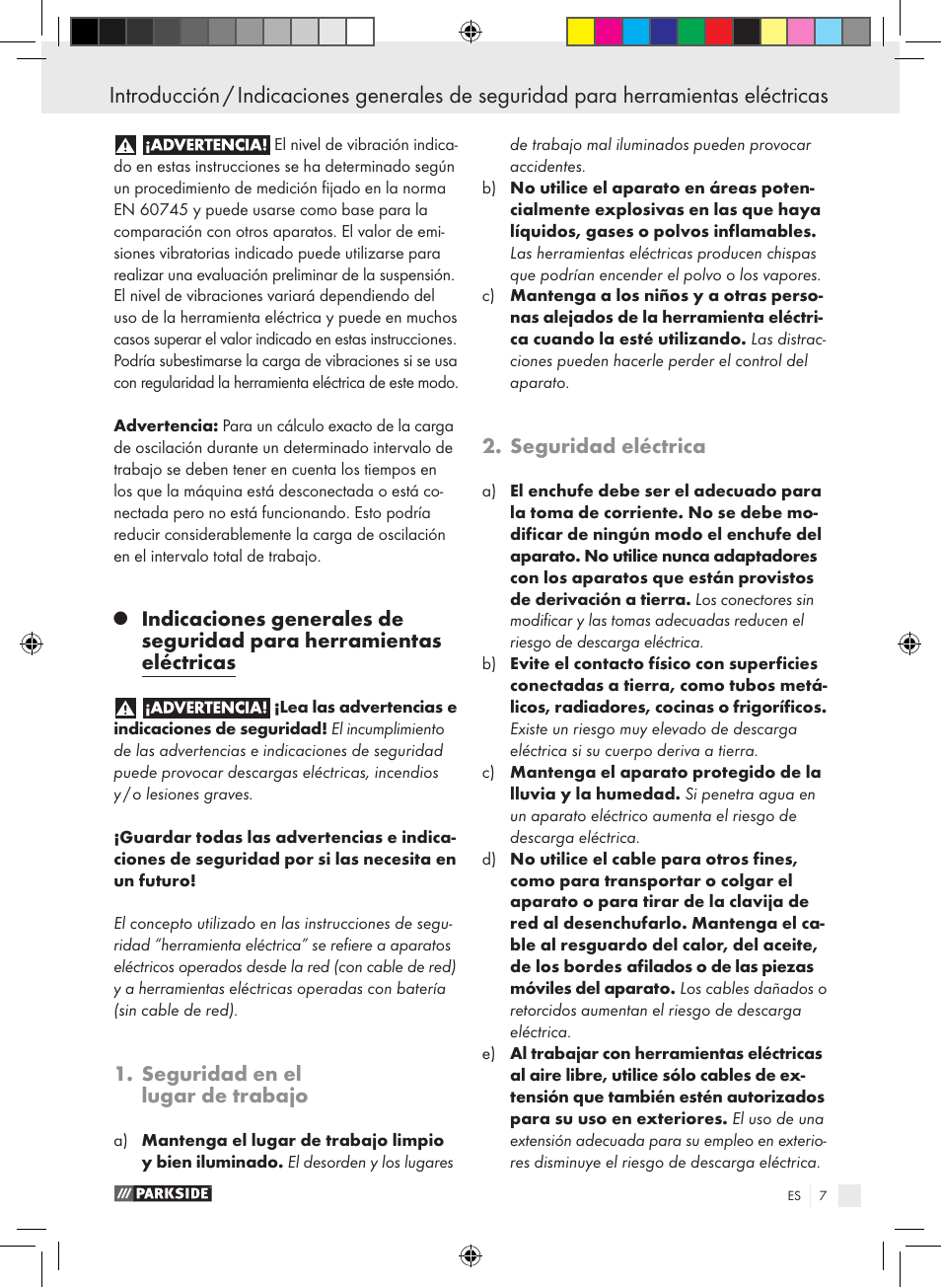 Seguridad en el lugar de trabajo, Seguridad eléctrica | Parkside PTS 480 A1 User Manual | Page 7 / 55
