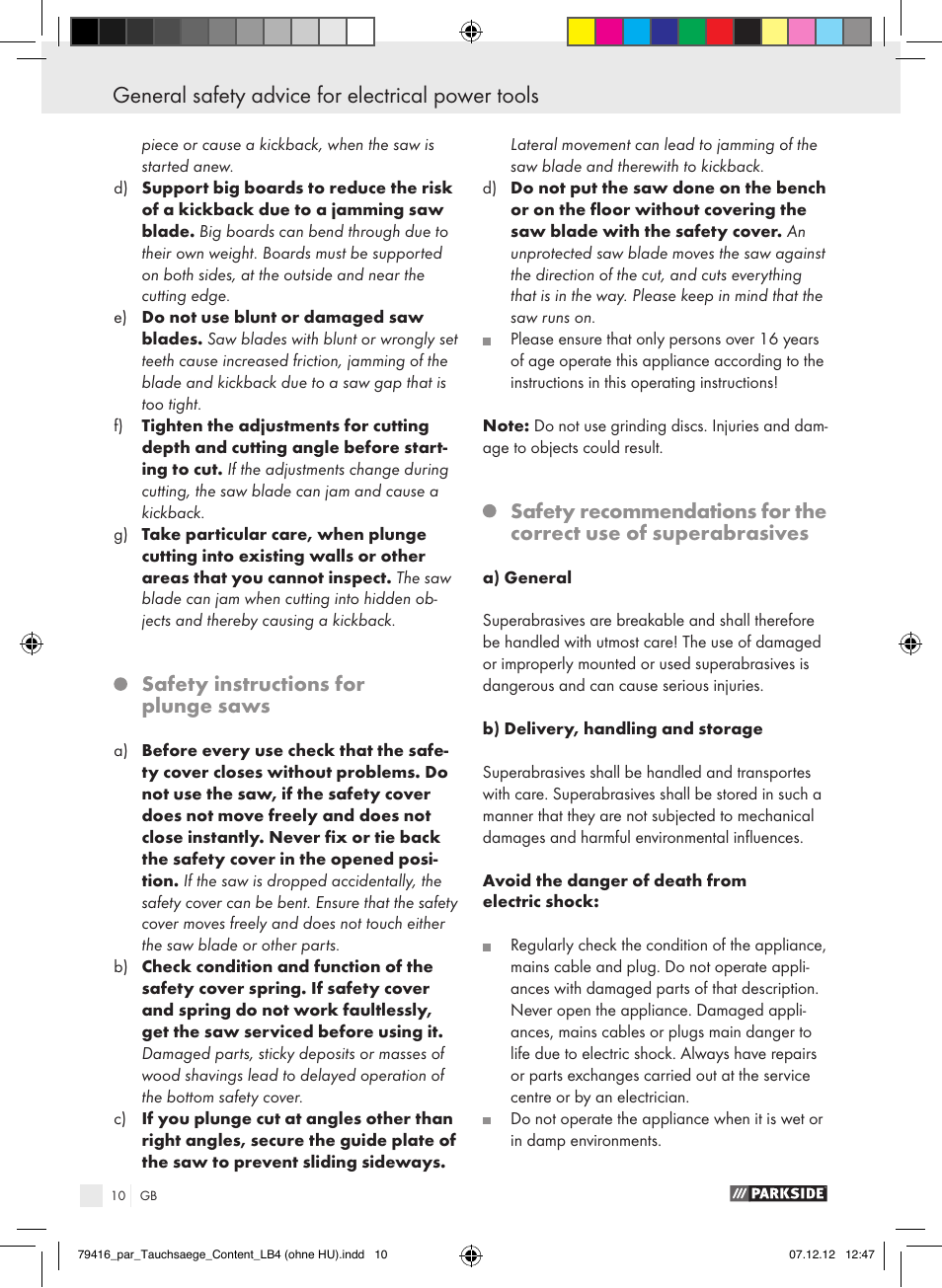 Safety instructions for plunge saws | Parkside PTS 480 A1 User Manual | Page 10 / 65