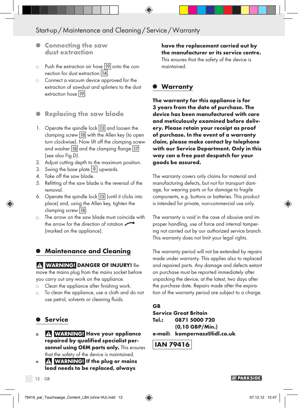 Connecting the saw dust extraction, Replacing the saw blade, Maintenance and cleaning | Service, Warranty | Parkside PTS 480 A1 User Manual | Page 12 / 65