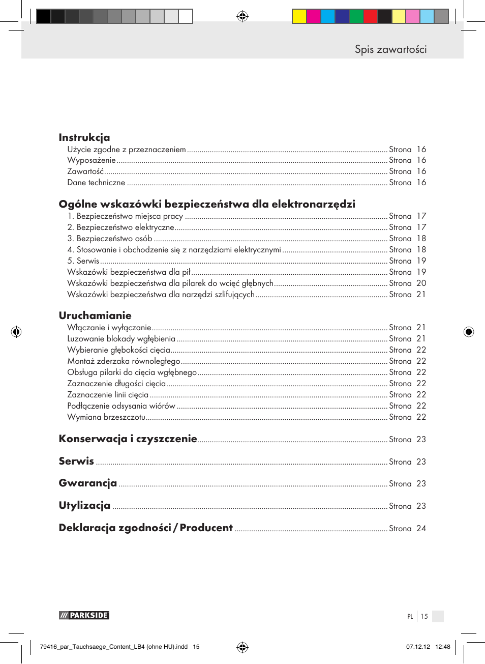 Spis zawartości | Parkside PTS 480 A1 User Manual | Page 15 / 65
