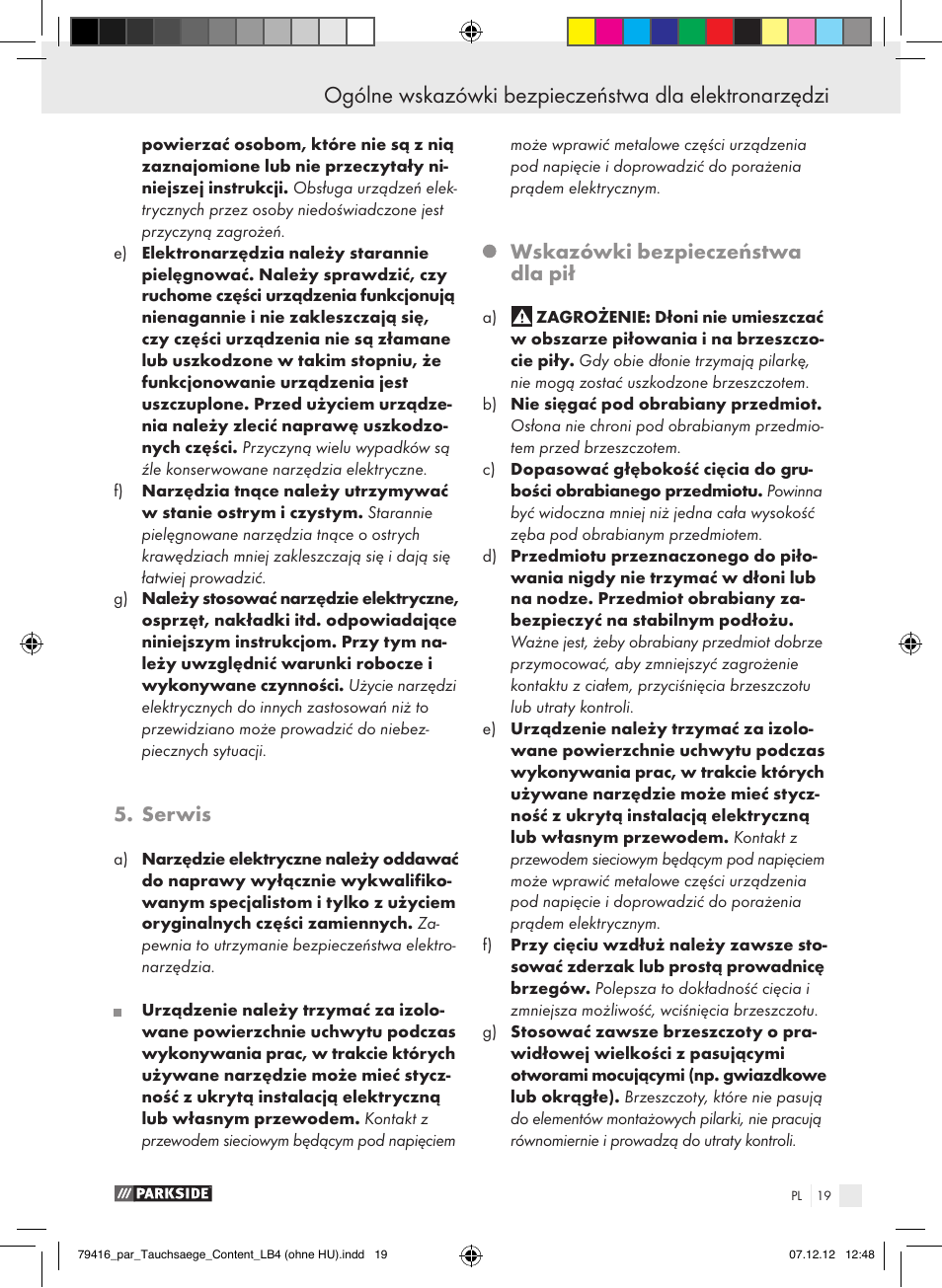 Serwis, Wskazówki bezpieczeństwa dla pił | Parkside PTS 480 A1 User Manual | Page 19 / 65