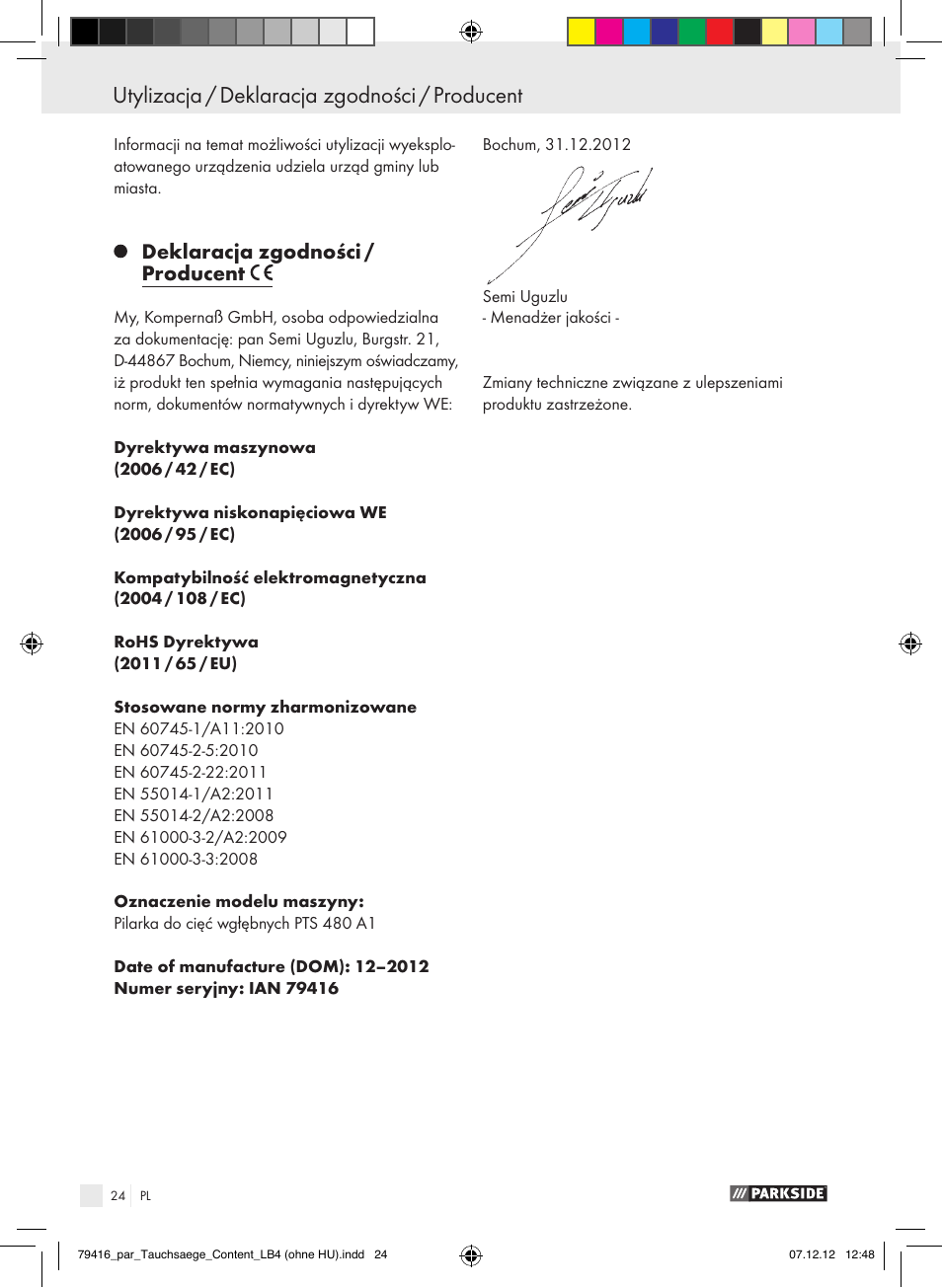 Utylizacja / deklaracja zgodności / producent, Kazalo, Deklaracja zgodności / producent | Parkside PTS 480 A1 User Manual | Page 24 / 65