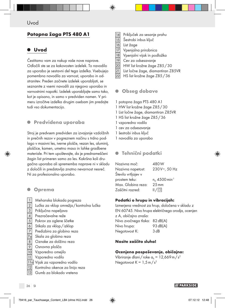 Potopna žaga pts 480 a1, Uvod, Predvidena uporaba | Oprema, Obseg dobave, Tehnični podatki | Parkside PTS 480 A1 User Manual | Page 26 / 65