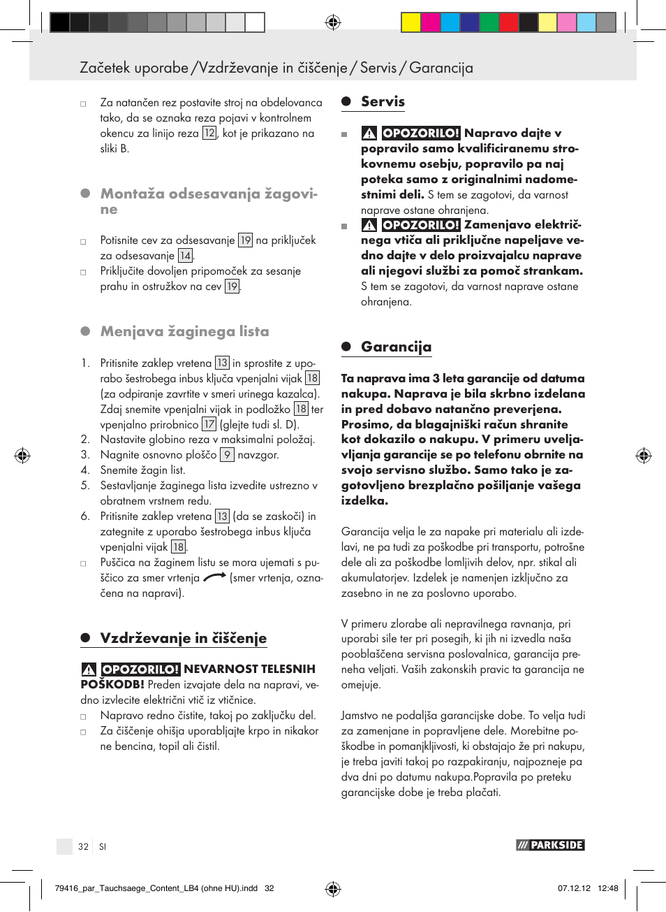 Montaža odsesavanja žagovi- ne, Menjava žaginega lista, Vzdrževanje in čiščenje | Servis, Garancija | Parkside PTS 480 A1 User Manual | Page 32 / 65