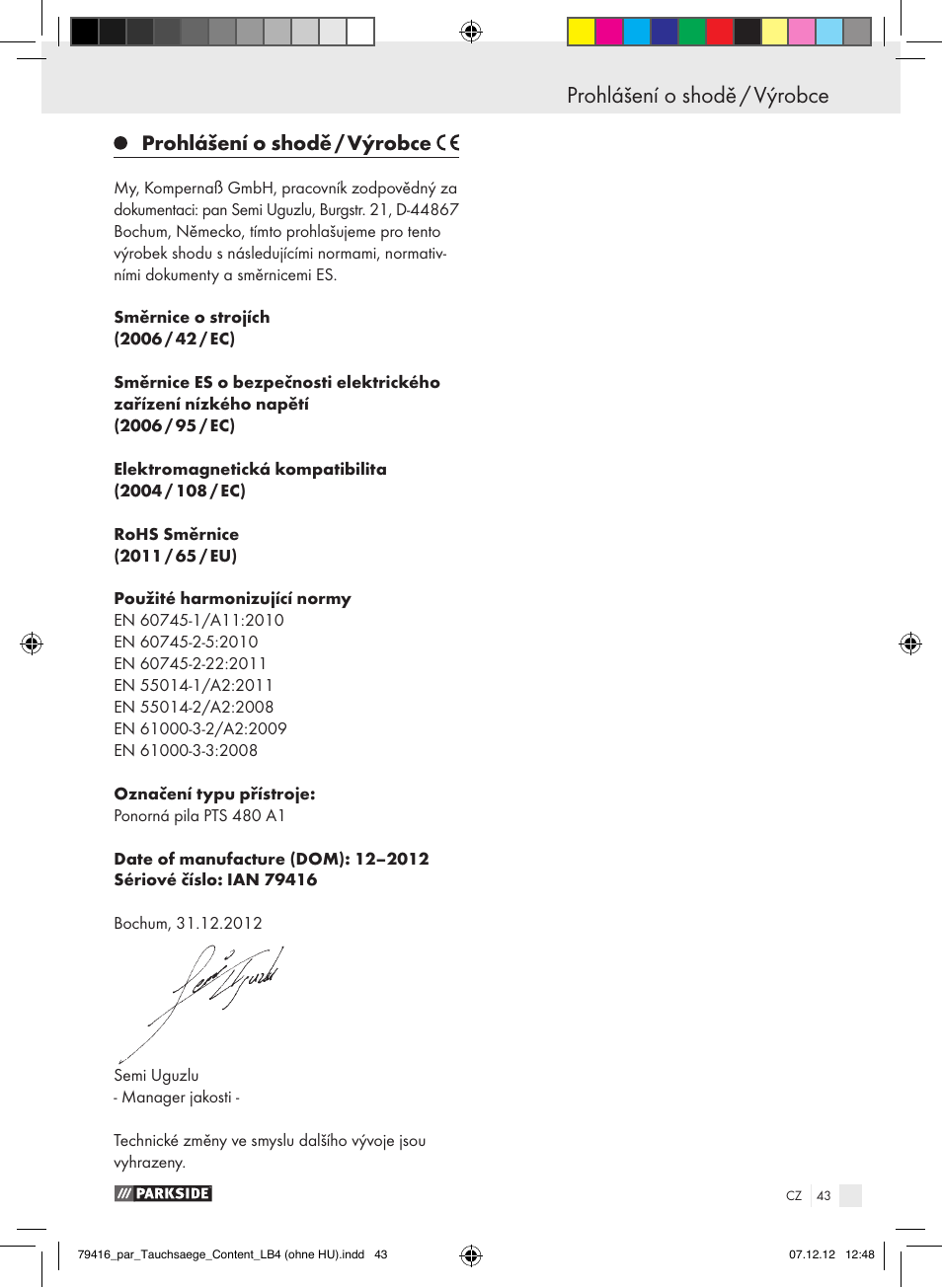 Prohlášení o shodě / výrobce | Parkside PTS 480 A1 User Manual | Page 43 / 65