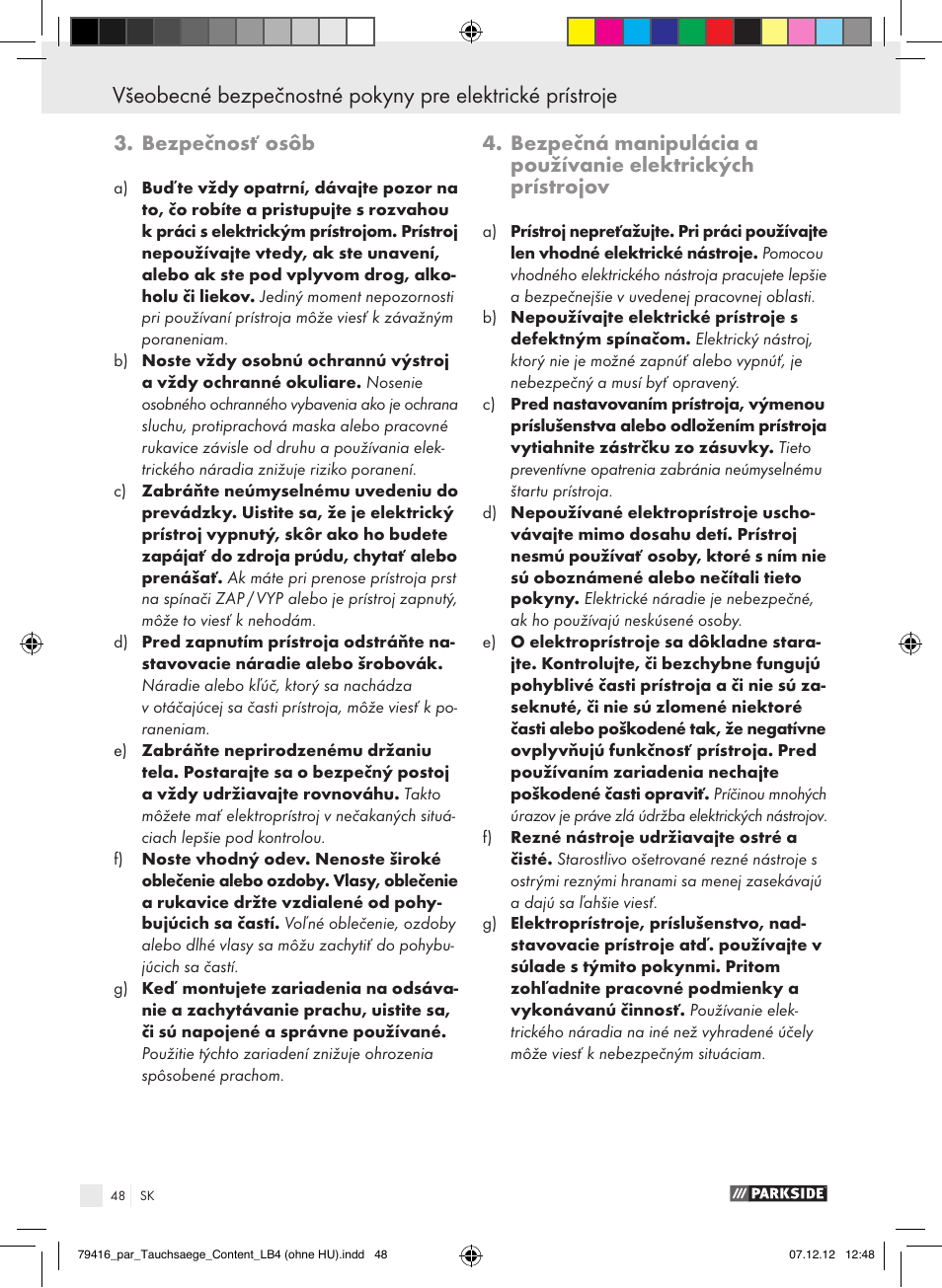 Bezpečnosť osôb | Parkside PTS 480 A1 User Manual | Page 48 / 65