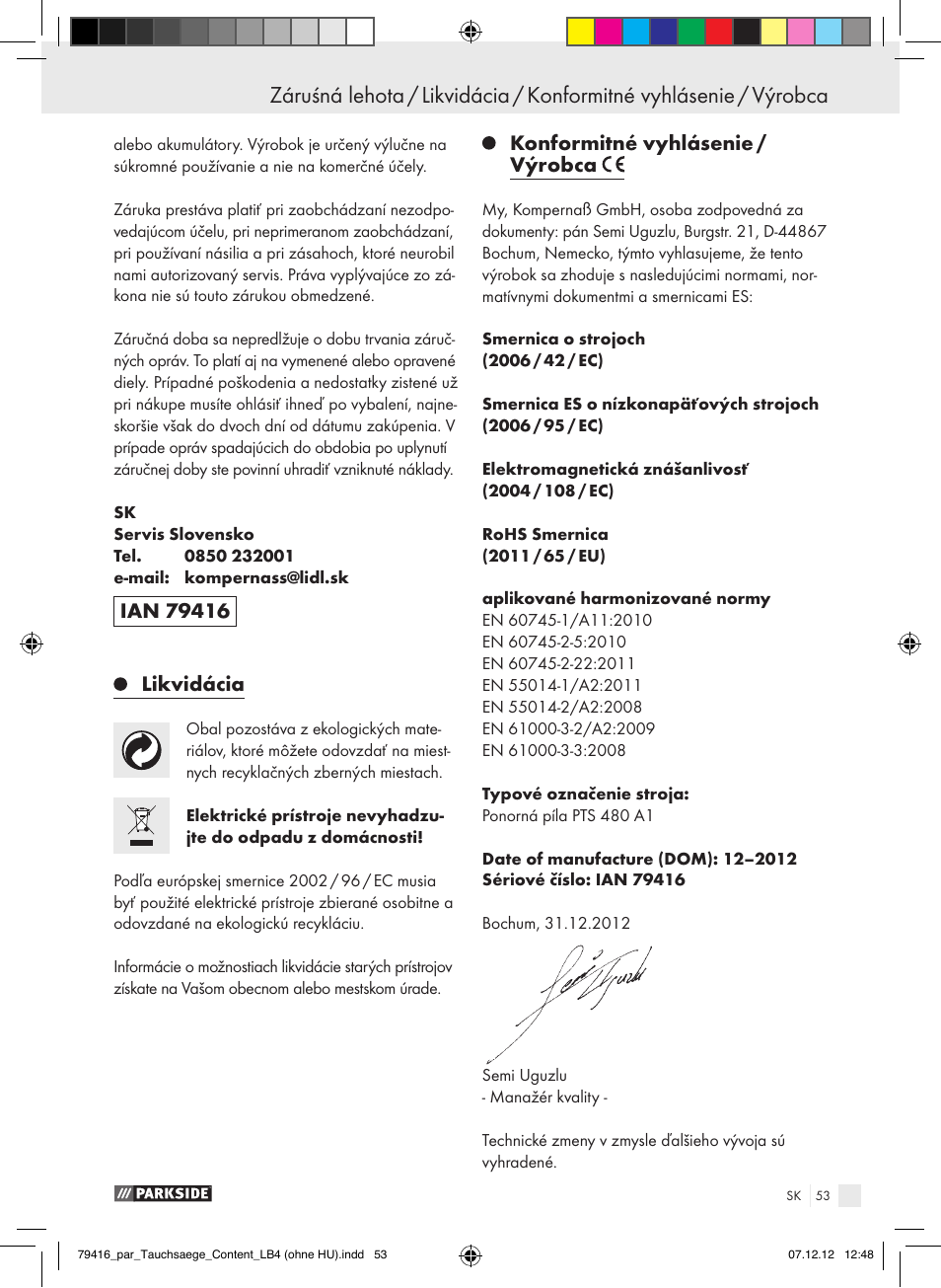 Likvidácia, Konformitné vyhlásenie / výrobca | Parkside PTS 480 A1 User Manual | Page 53 / 65