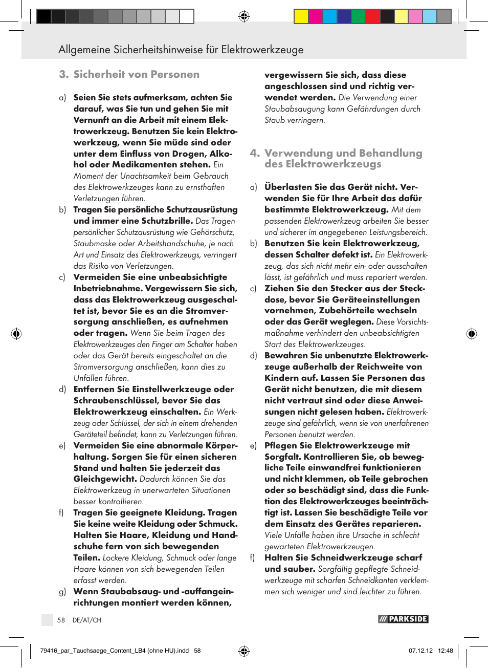 Sicherheit von personen, Verwendung und behandlung des elektrowerkzeugs | Parkside PTS 480 A1 User Manual | Page 58 / 65