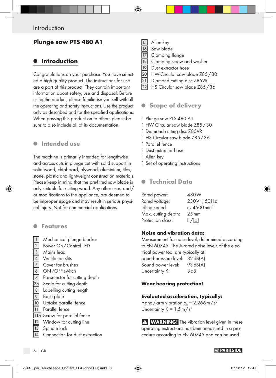 Plunge saw pts 480 a1 introduction, Intended use, Features | Scope of delivery, Technical data | Parkside PTS 480 A1 User Manual | Page 6 / 65