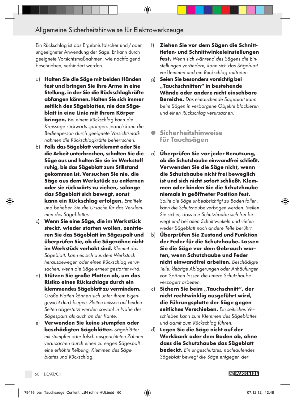 Sicherheitshinweise für tauchsägen | Parkside PTS 480 A1 User Manual | Page 60 / 65