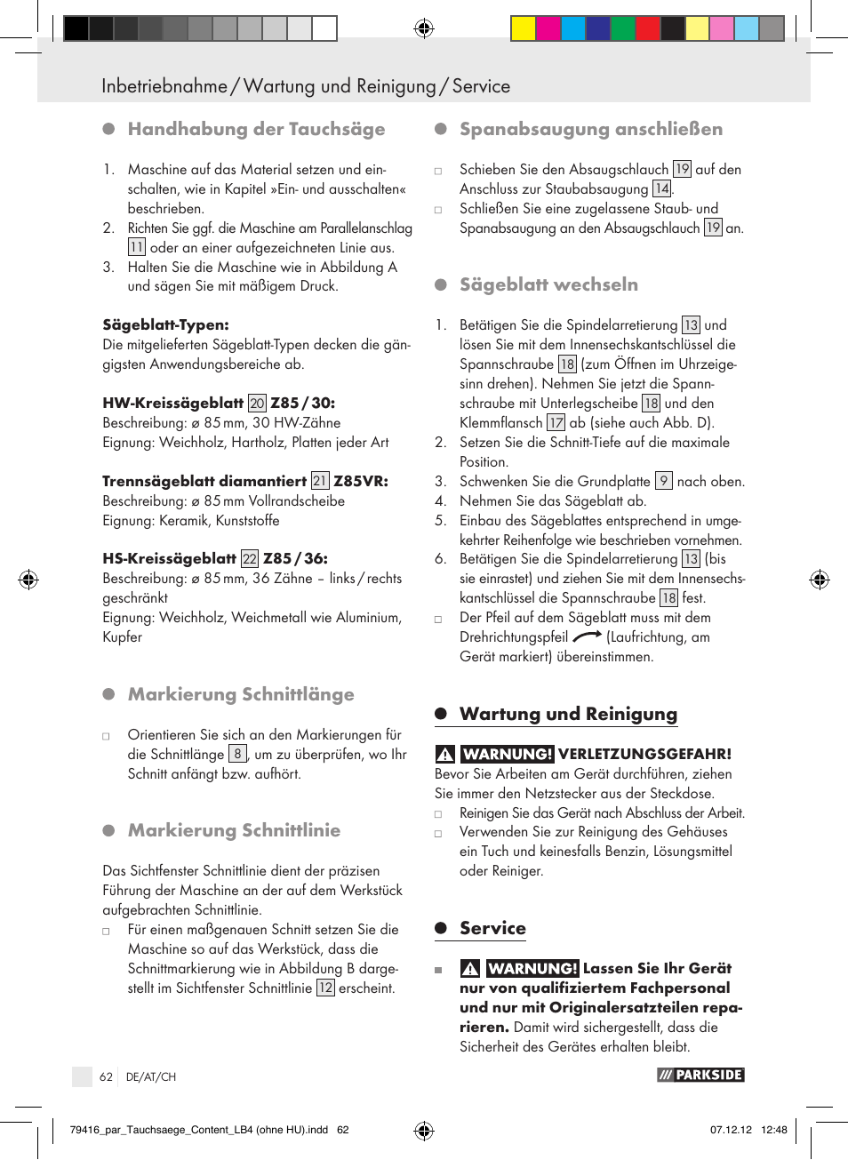 Handhabung der tauchsäge, Markierung schnittlänge, Markierung schnittlinie | Spanabsaugung anschließen, Sägeblatt wechseln, Wartung und reinigung, Service | Parkside PTS 480 A1 User Manual | Page 62 / 65