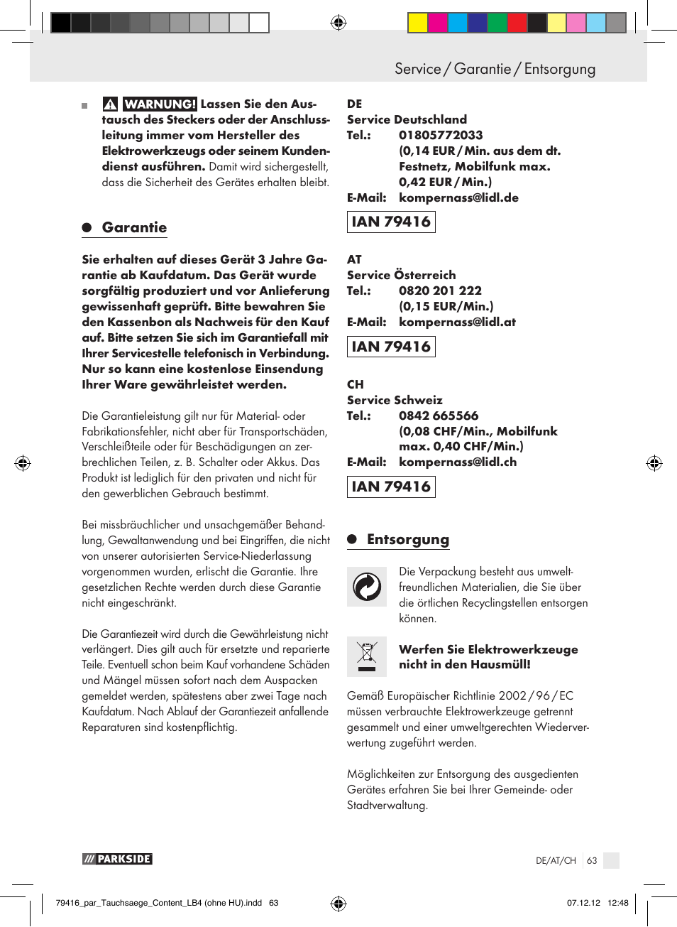 Garantie, Entsorgung | Parkside PTS 480 A1 User Manual | Page 63 / 65