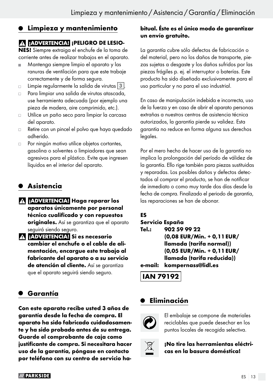 Limpieza y mantenimiento, Asistencia, Garantía | Eliminación, Puesta en marcha | Parkside PEH 30 A1 User Manual | Page 13 / 55