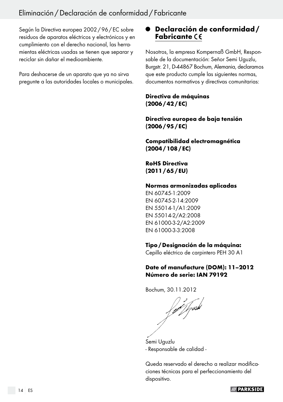 Declaración de conformidad / fabricante, Indice | Parkside PEH 30 A1 User Manual | Page 14 / 55