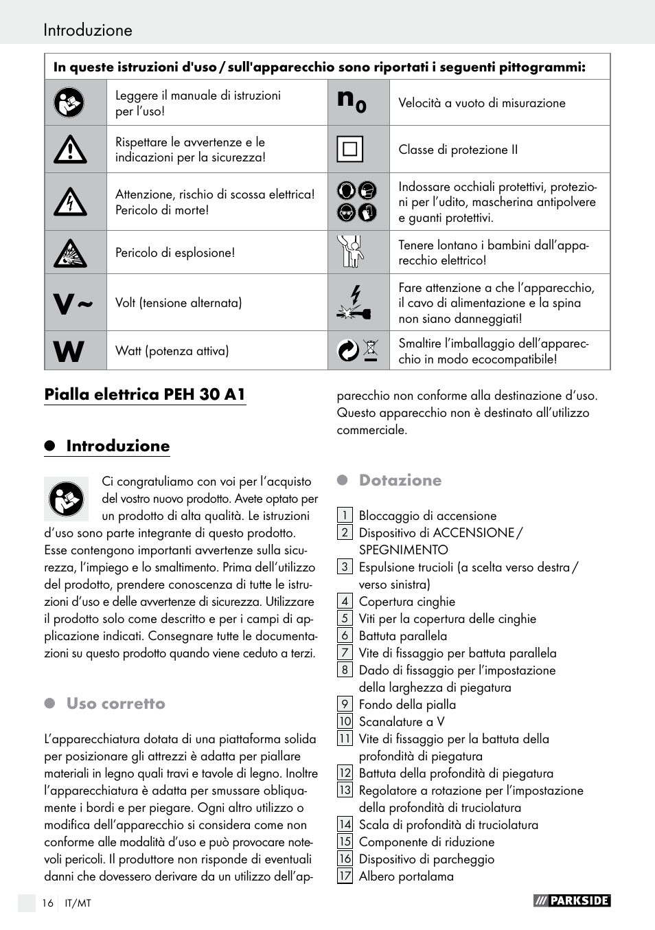 Q dotazione, Q uso corretto, Q introduzione | Introduzione | Parkside PEH 30 A1 User Manual | Page 16 / 55