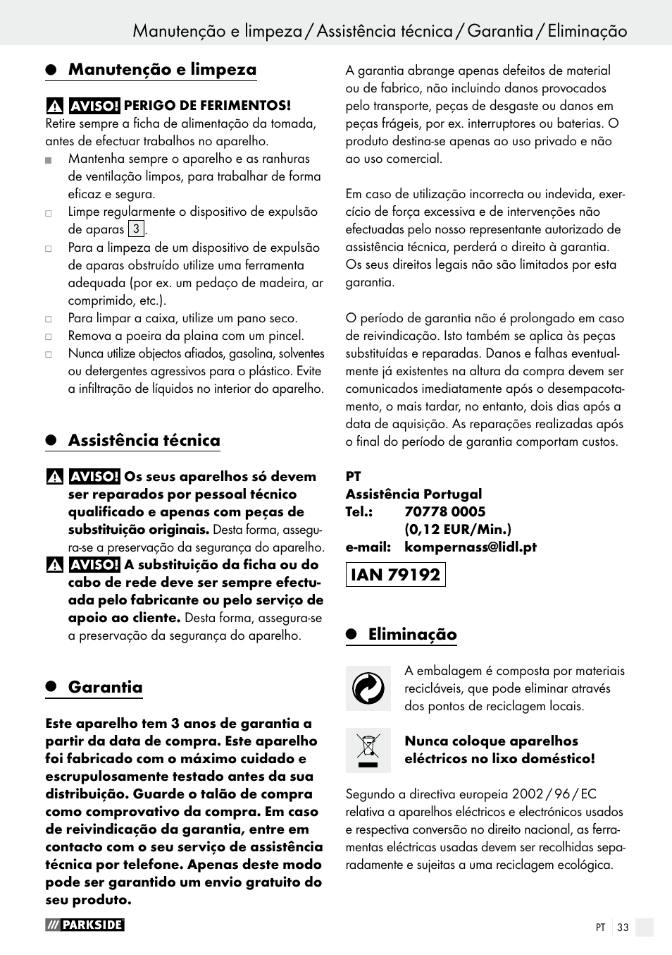 Q manutenção e limpeza, Q assistência técnica, Q garantia | Q eliminação, Manutenção e limpeza, Assistência técnica, Garantia, Eliminação, Colocação em funcionamento | Parkside PEH 30 A1 User Manual | Page 33 / 55