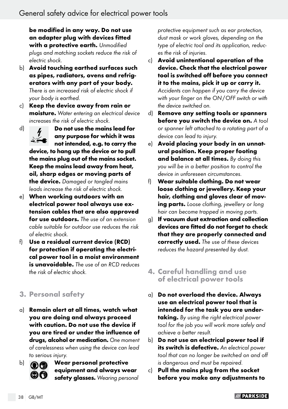 Personal safety, General safety advice for electrical power tools, Careful handling and use of electrical power tools | Parkside PEH 30 A1 User Manual | Page 38 / 55