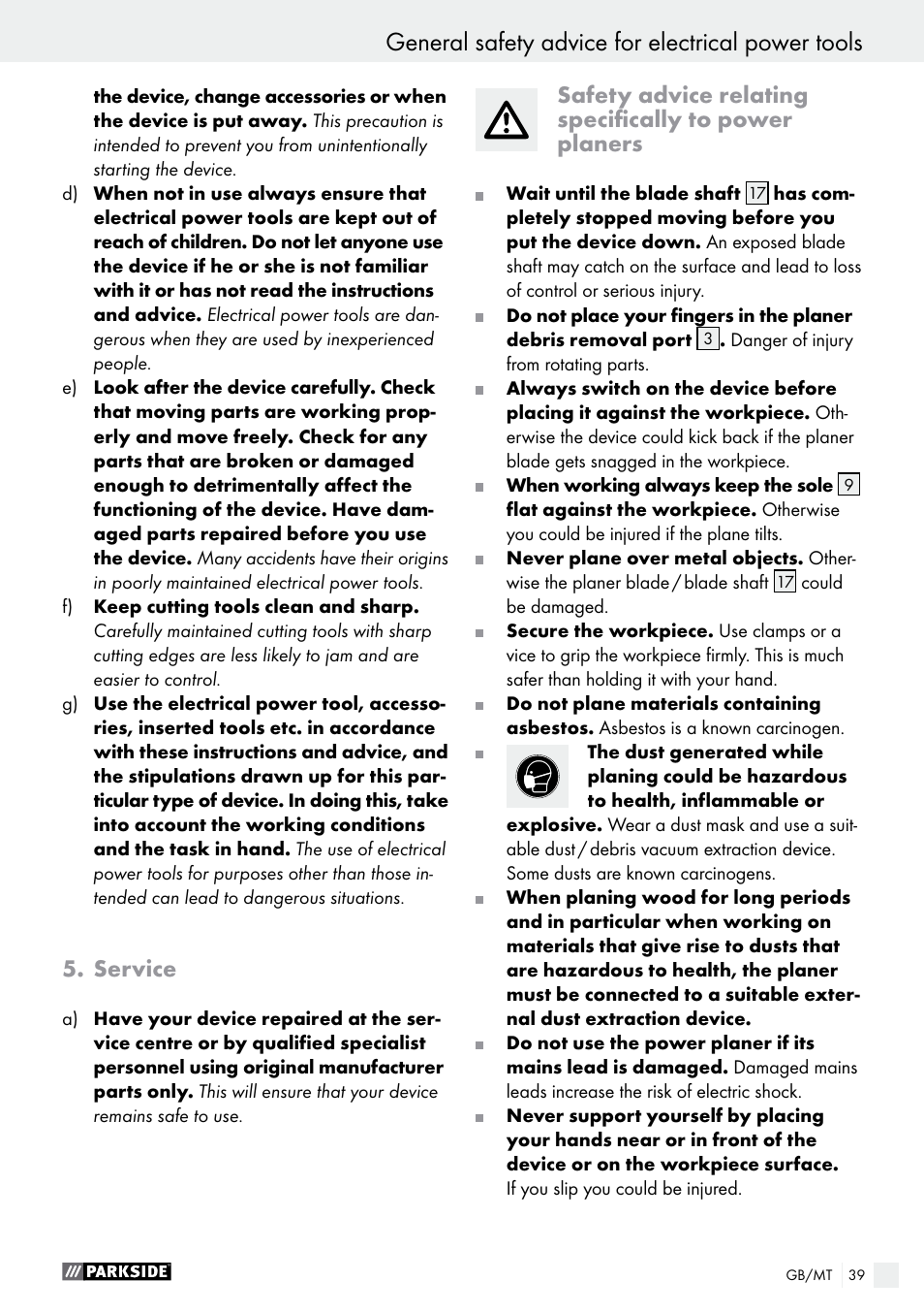 Service, General safety advice for electrical power tools | Parkside PEH 30 A1 User Manual | Page 39 / 55