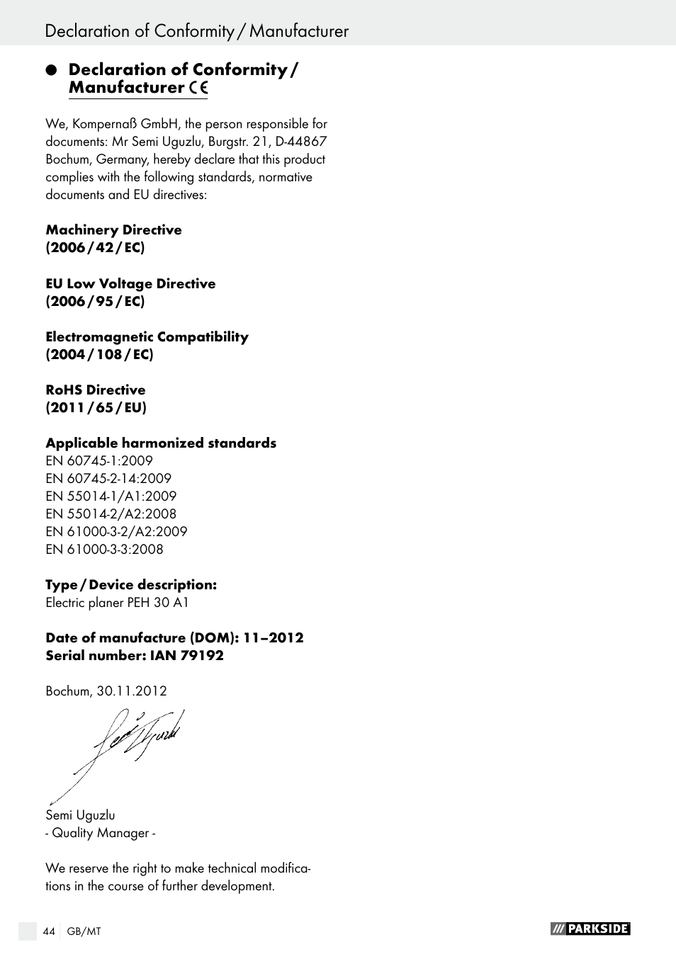 Q declaration of conformity / manufacturer, Declaration of conformity / manufacturer | Parkside PEH 30 A1 User Manual | Page 44 / 55