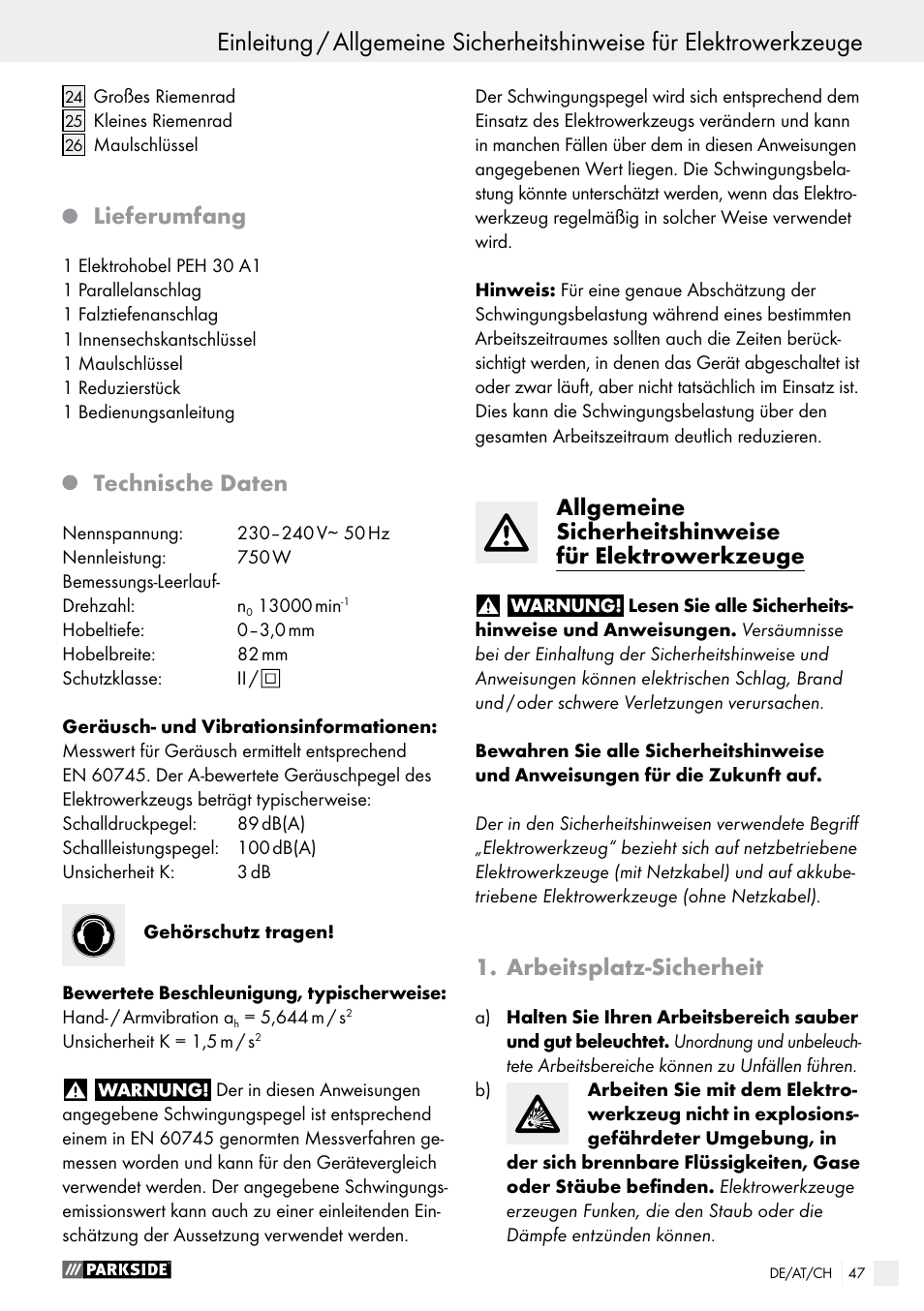 Lieferumfang, Technische daten, Arbeitsplatz-sicherheit | Parkside PEH 30 A1 User Manual | Page 47 / 55