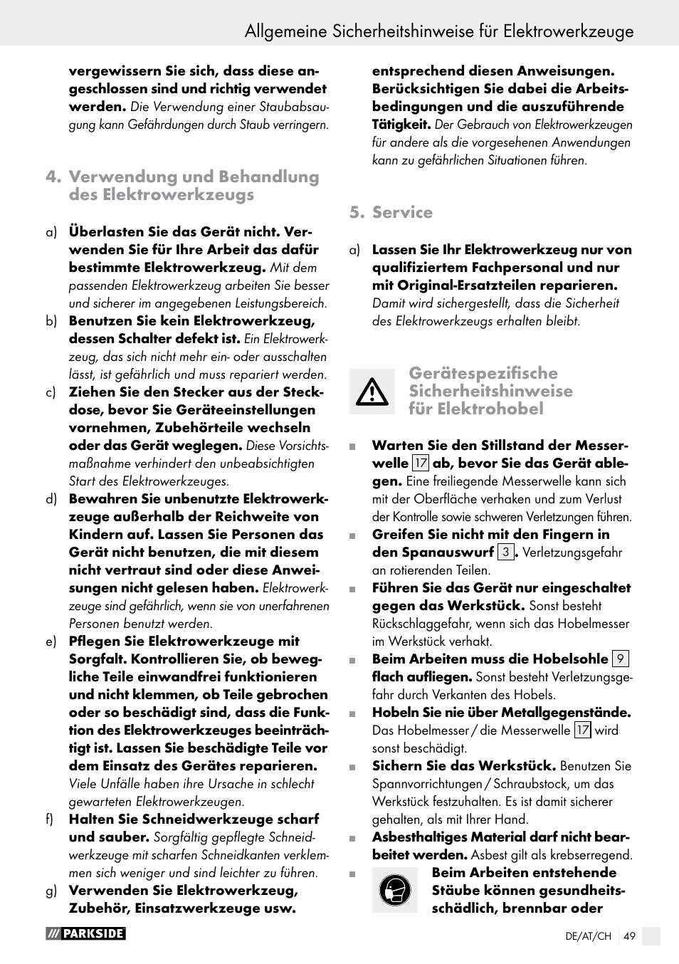 verwendung und behandlung des elektrowerkzeugs, Service, Verwendung und behandlung des elektrowerkzeugs | Parkside PEH 30 A1 User Manual | Page 49 / 55