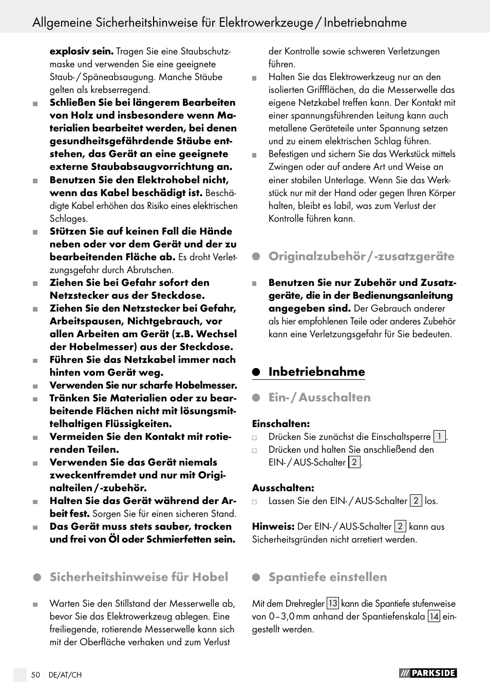 Sicherheitshinweise für hobel, Originalzubehör / -zusatzgeräte, Inbetriebnahme | Ein- / ausschalten, Spantiefe einstellen | Parkside PEH 30 A1 User Manual | Page 50 / 55