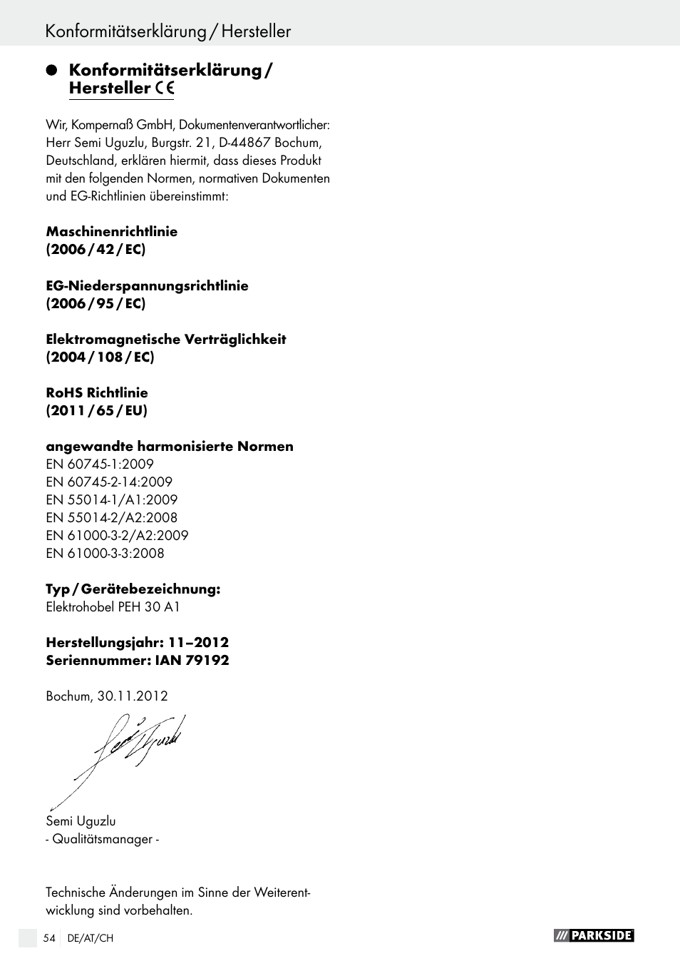 Konformitätserklärung / hersteller, Seite 54 | Parkside PEH 30 A1 User Manual | Page 54 / 55