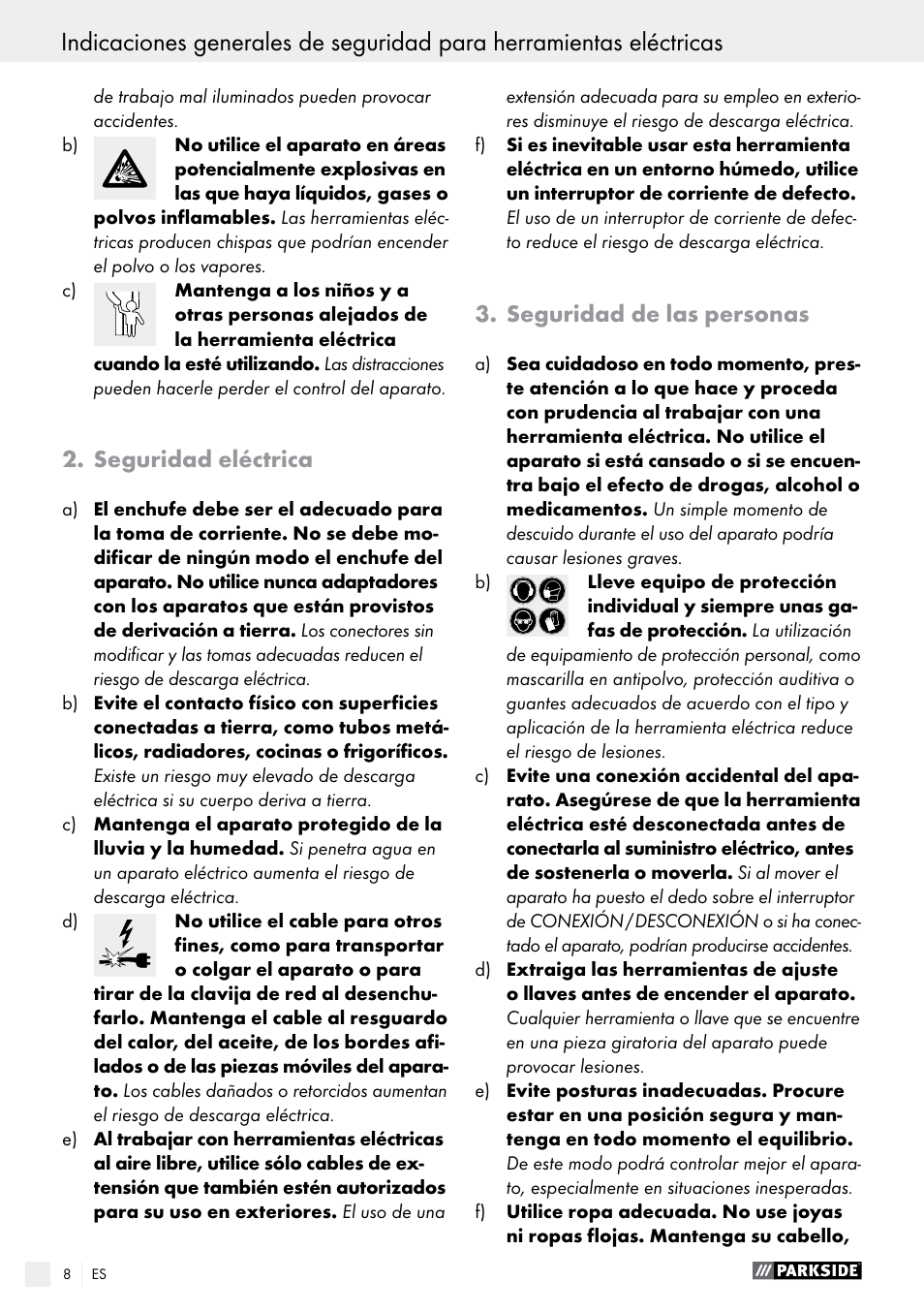 Seguridad eléctrica, Seguridad de las personas | Parkside PEH 30 A1 User Manual | Page 8 / 55