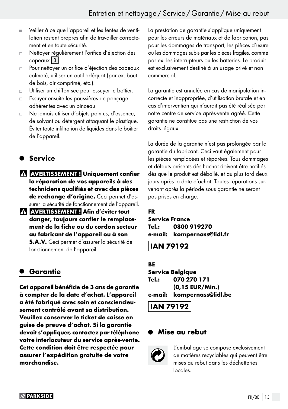 Q service, Q garantie, Q mise au rebut | Service, Garantie, Mise au rebut | Parkside PEH 30 A1 User Manual | Page 13 / 45