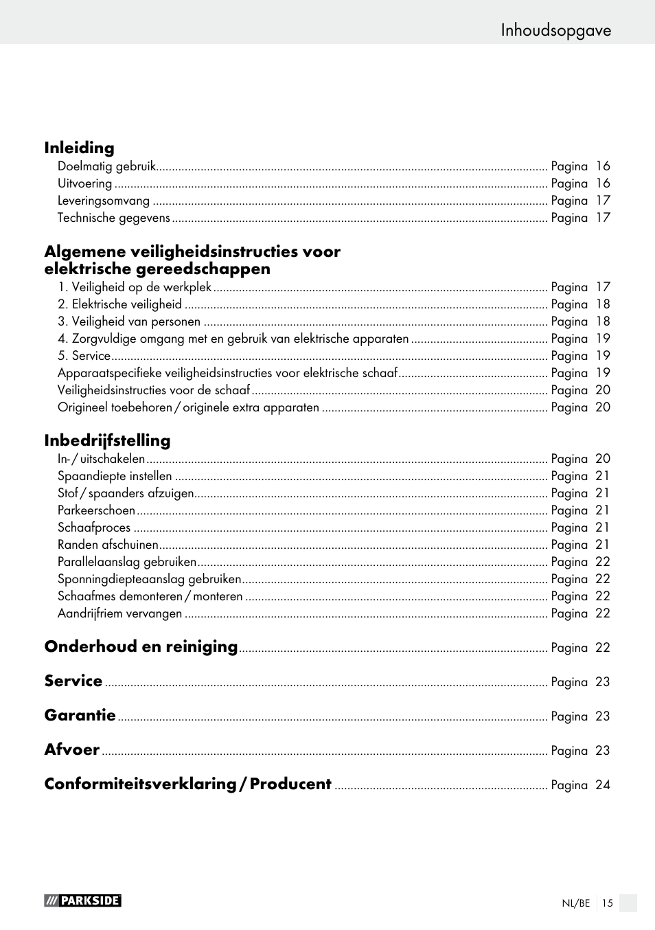 Inhoudsopgave | Parkside PEH 30 A1 User Manual | Page 15 / 45