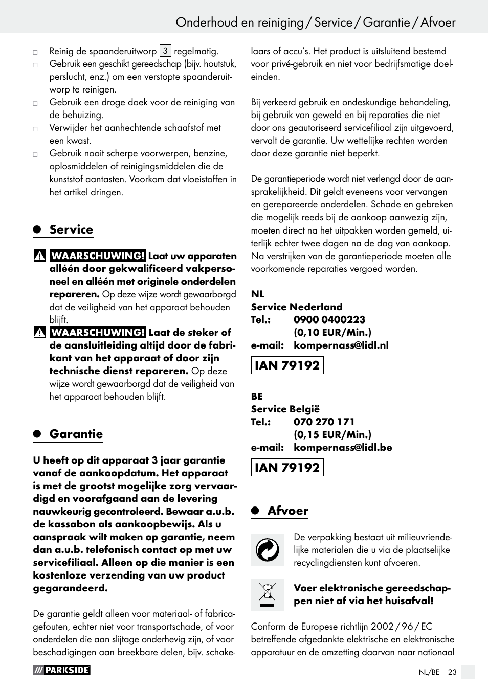 Q service, Q garantie, Q afvoer | Service, Garantie, Afvoer | Parkside PEH 30 A1 User Manual | Page 23 / 45
