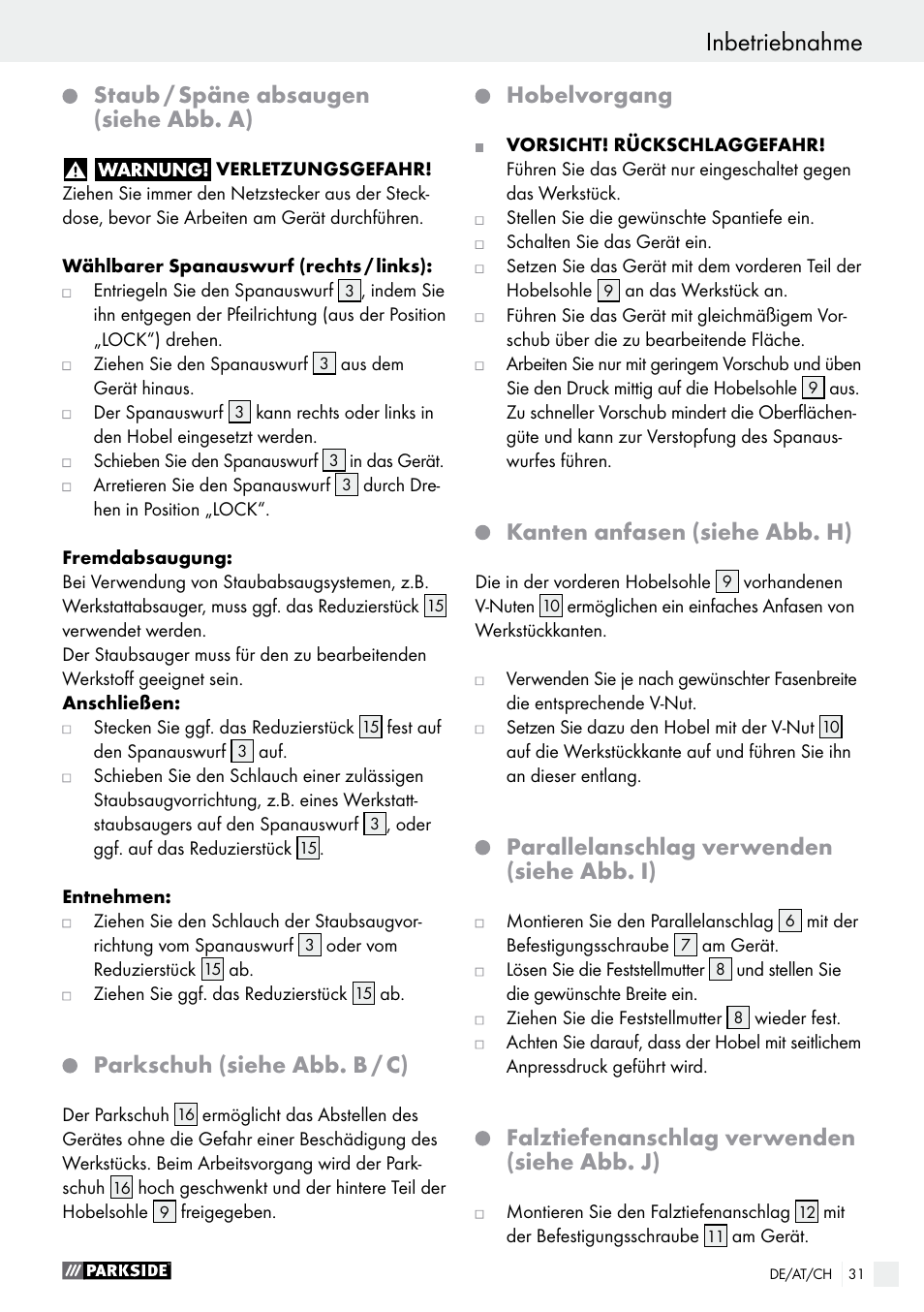 Staub / späne absaugen (siehe abb. a), Parkschuh (siehe abb. b / c), Hobelvorgang | Kanten anfasen (siehe abb. h), Parallelanschlag verwenden (siehe abb. i), Falztiefenanschlag verwenden (siehe abb. j) | Parkside PEH 30 A1 User Manual | Page 31 / 45