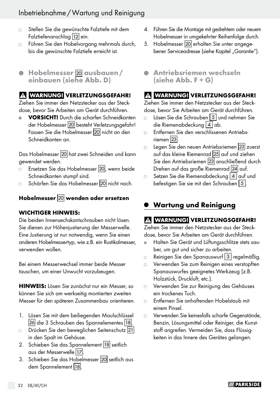 Hobelmesser ￼ ausbauen / einbauen (siehe abb. d), Antriebsriemen wechseln (siehe abb. f + g), Wartung und reinigung | Seite 32, Hobelmesser, Ausbauen / einbauen (siehe abb. d) | Parkside PEH 30 A1 User Manual | Page 32 / 45