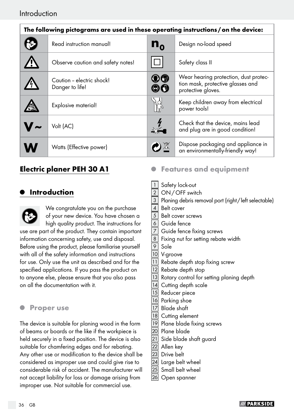 Q introduction, Q proper use, Q features and equipment | Introduction, Electric planer peh 30 a1, Proper use, Features and equipment | Parkside PEH 30 A1 User Manual | Page 36 / 45