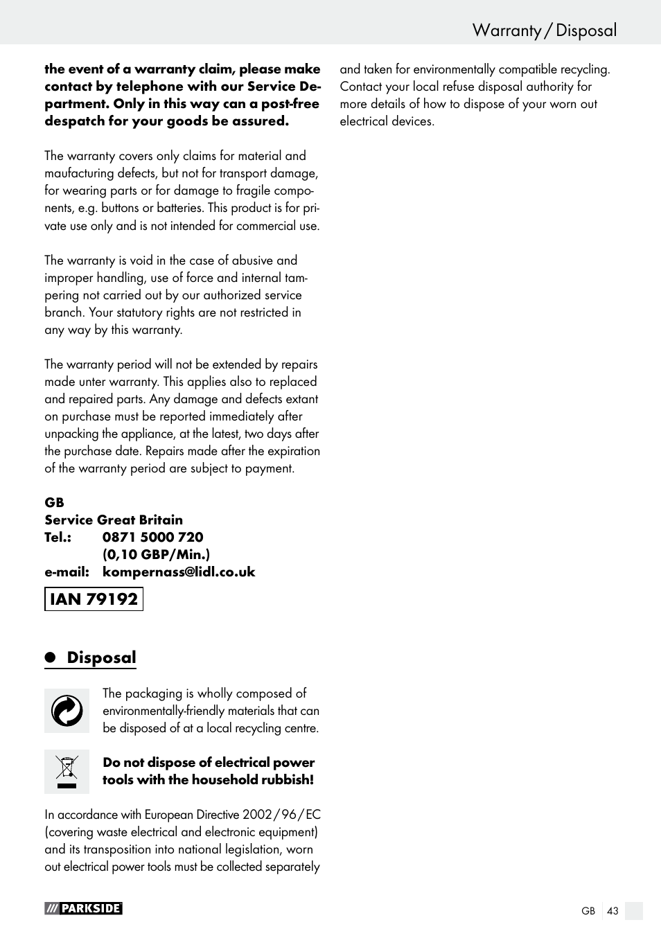 Q disposal, Disposal | Parkside PEH 30 A1 User Manual | Page 43 / 45