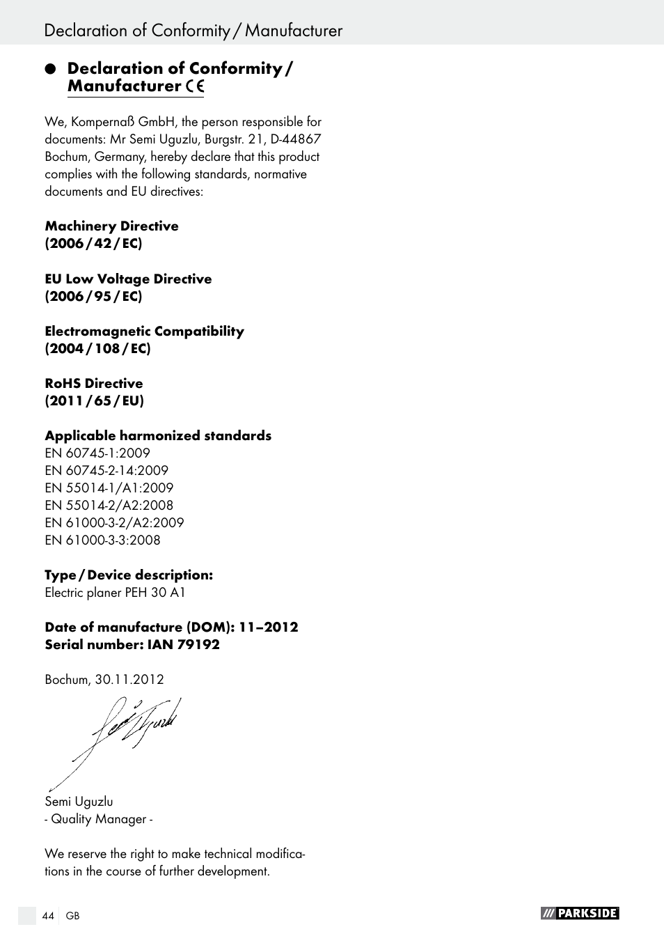 Q declaration of conformity / manufacturer, Declaration of conformity / manufacturer | Parkside PEH 30 A1 User Manual | Page 44 / 45