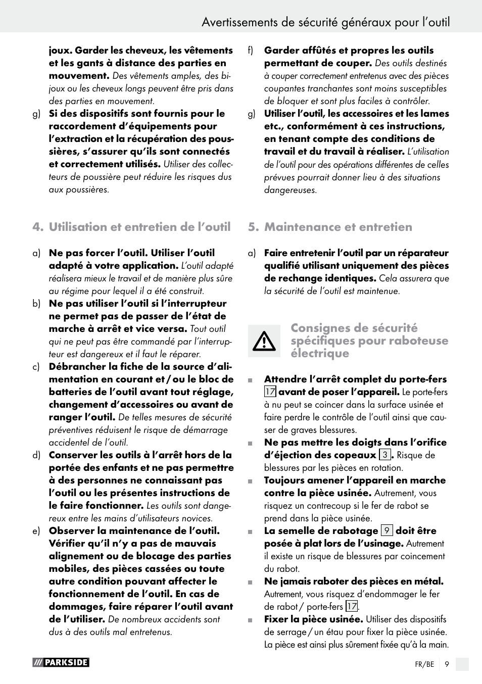 utilisation et entretien de l’outil, Maintenance et entretien, Avertissements de sécurité généraux pour l’outil | Utilisation et entretien de l’outil | Parkside PEH 30 A1 User Manual | Page 9 / 45