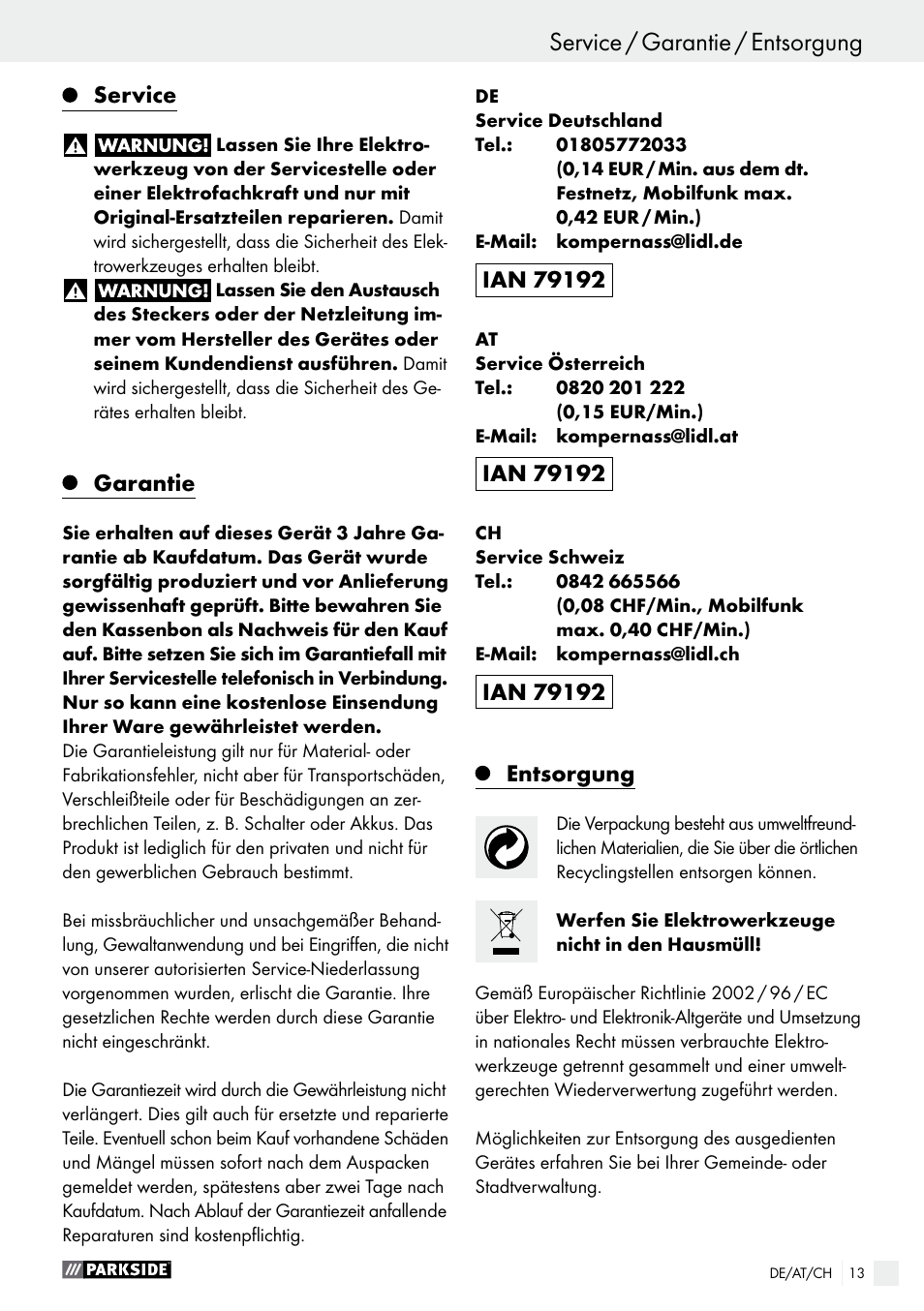Service, Garantie, Entsorgung | Seite 13 | Parkside PEH 30 A1 User Manual | Page 13 / 45