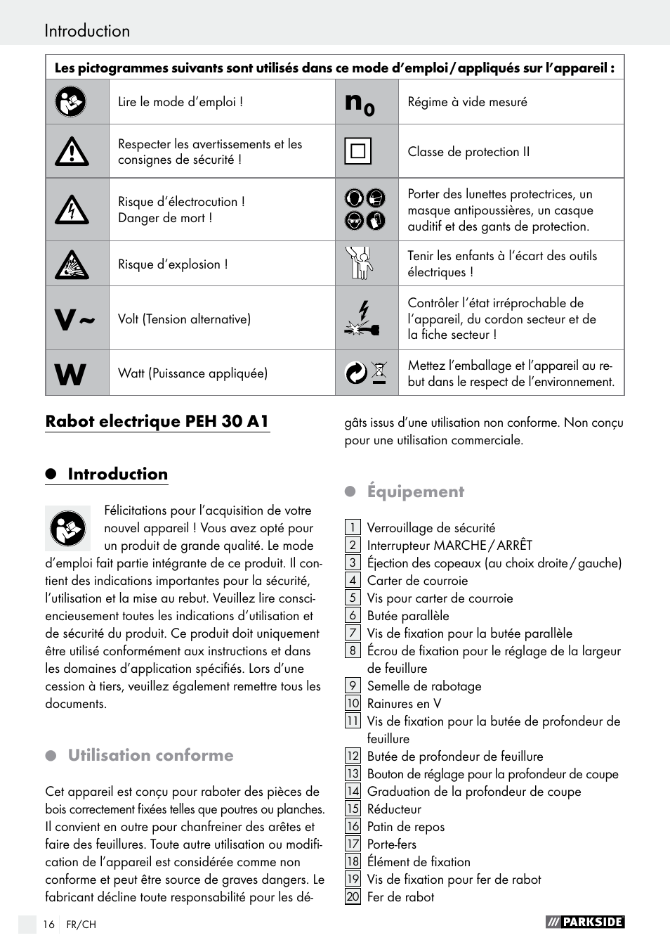 Q introduction, Q utilisation conforme, Q équipement | Introduction | Parkside PEH 30 A1 User Manual | Page 16 / 45
