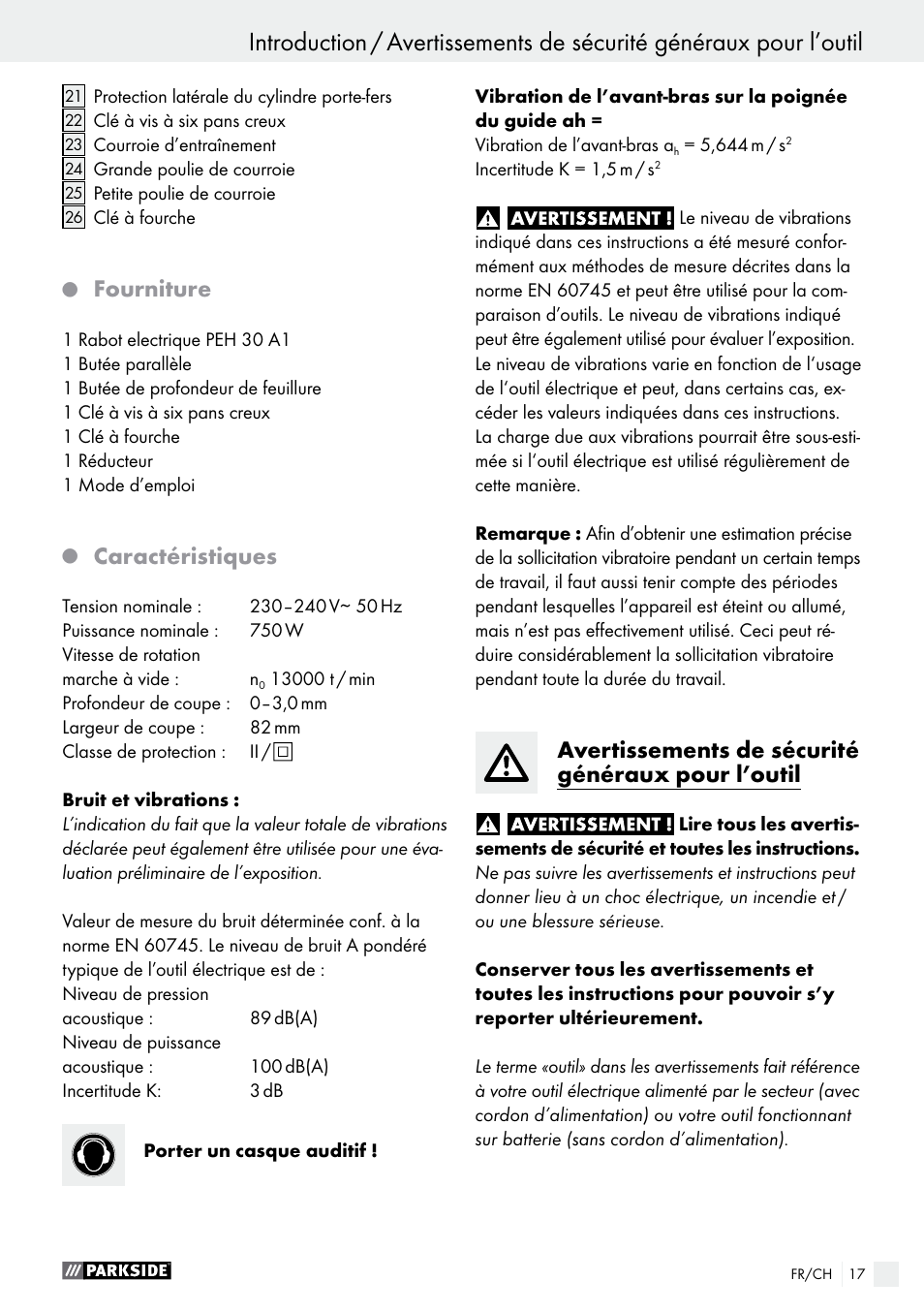 Q fourniture, Q caractéristiques, Avertissements de sécurité généraux pour l’outil | Fourniture, Caractéristiques | Parkside PEH 30 A1 User Manual | Page 17 / 45