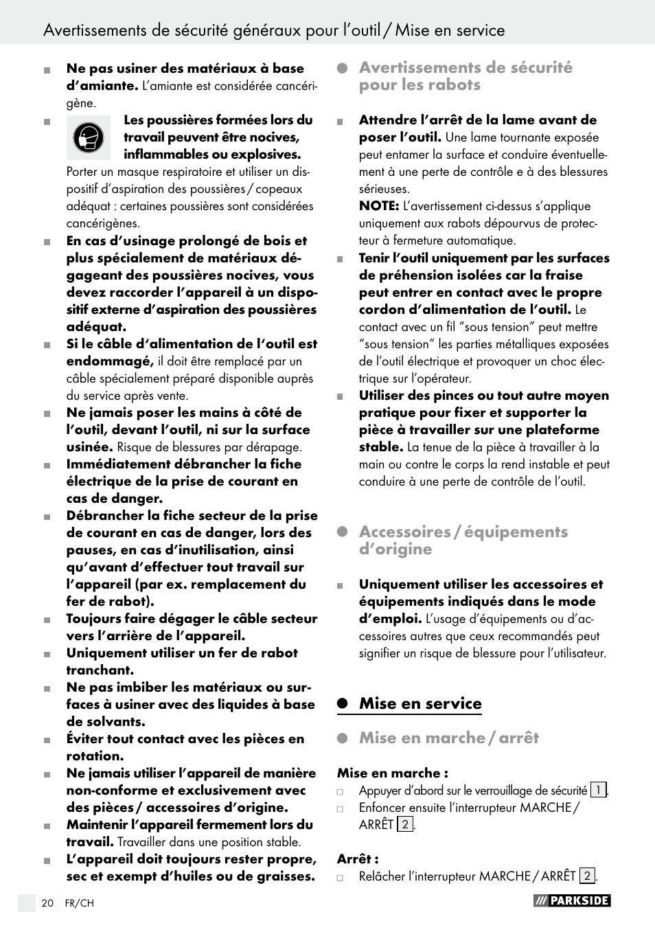 Avertissements de sécurité pour les rabots, Q accessoires / équipements d’origine, Q mise en service | Q mise en marche / arrêt, Mise en service, Accessoires / équipements d’origine, Mise en marche / arrêt | Parkside PEH 30 A1 User Manual | Page 20 / 45